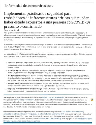 CDC Temp Check Guidelines - Safety Practices for Critical Infrastructure Workers (Spanish)