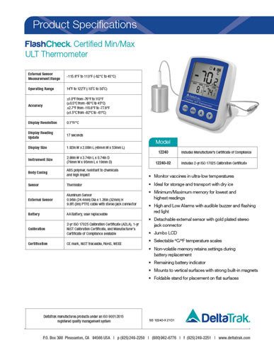 FlashCheck Certified Min/Max ULT Thermometer Spec Sheet
