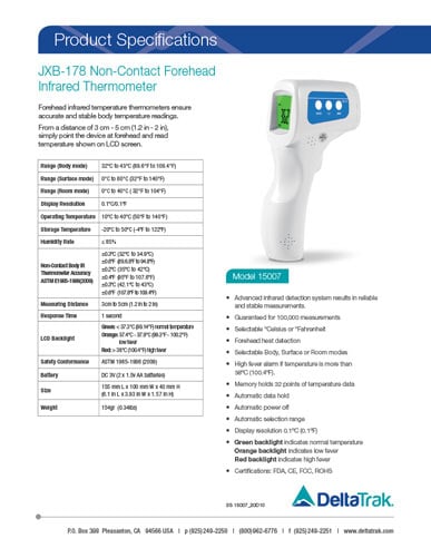 JXB-178 Non-Contact Forehead Infrared Thermometer Spec Sheet