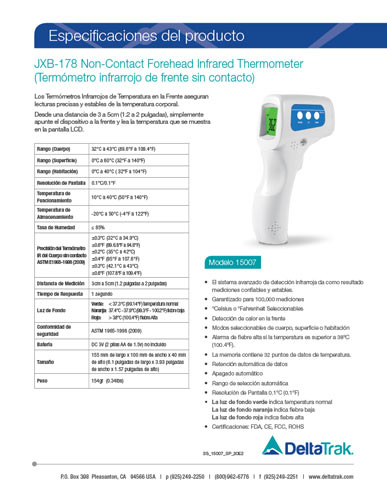 JXB-178 Non-Contact Forehead Infrared Thermometer Spec Sheet (Spanish)