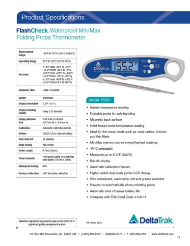 Download FlashCheck Waterproof Min-Max Folding Probe Thermometer Spec Sheet