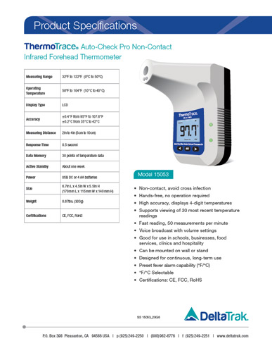 ThermoTrace Auto-Check Pro Non-Contact Infrared Forehead Thermometer Spec Sheet