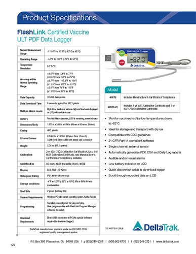Download FlashLink Certified Vaccine ULT PDF Data Logger Spec Sheet