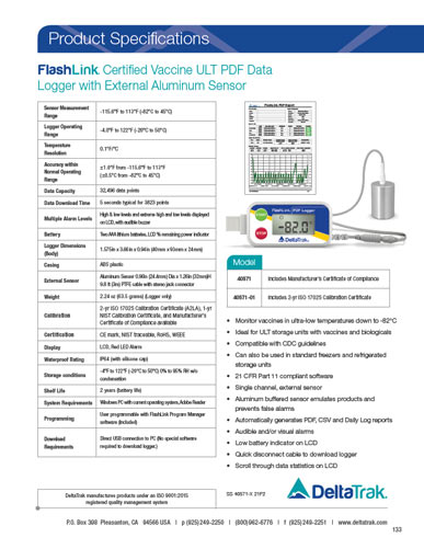 Download FlashLink Certified Vaccine ULT PDF Data Logger with External Aluminum Sensor Spec Sheet