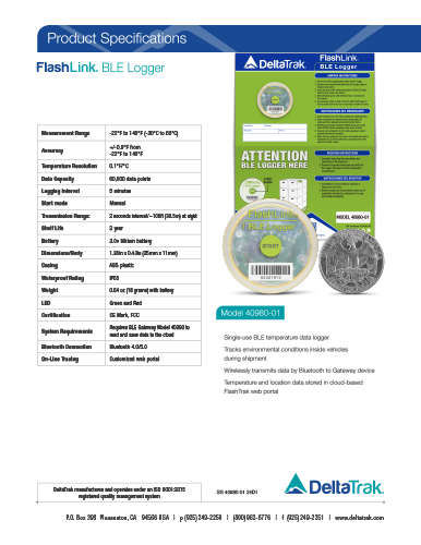 Download FlashLink In-Transit BLE Logger, Model 40980-01 Spec Sheet