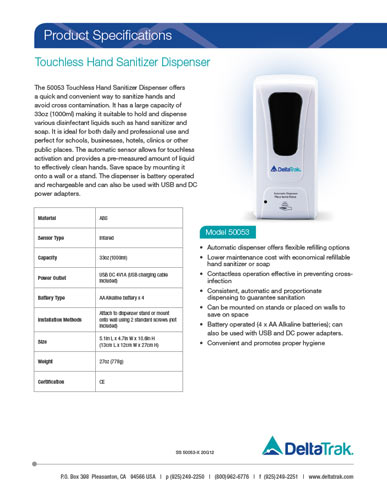 Download Touchless Hand Sanitizer Dispenser Spec Sheet