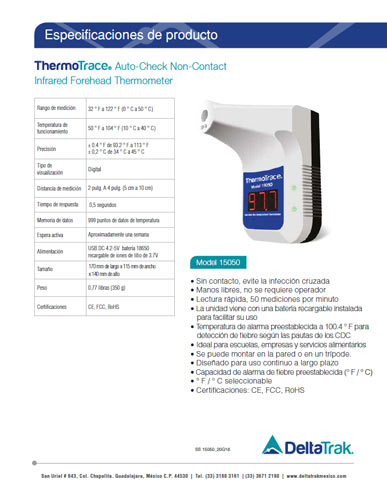 ThermoTrace Auto-Check Non-Contact Infrared Forehead Thermometer K3 Spec Sheet