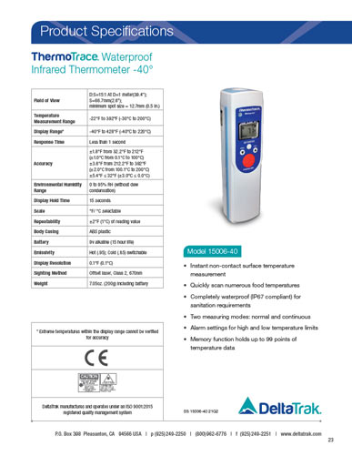 ThermoTrace Waterproof Infrared Thermometer Spec Sheet