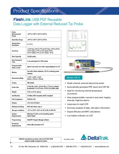 FlashLink  USB PDF Reusable Data Logger with External Sharp Tip Probe, Model 40515