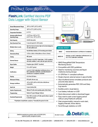 Download FlashLink Certified Vaccine PDF Data Logger with Glycol Sensor, Model 40527 Spec Sheet